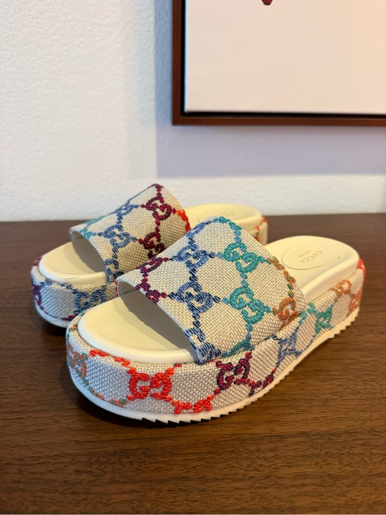 Gucci Shoes - Gucci Cream Multicolor GG Platform Slide Sandals